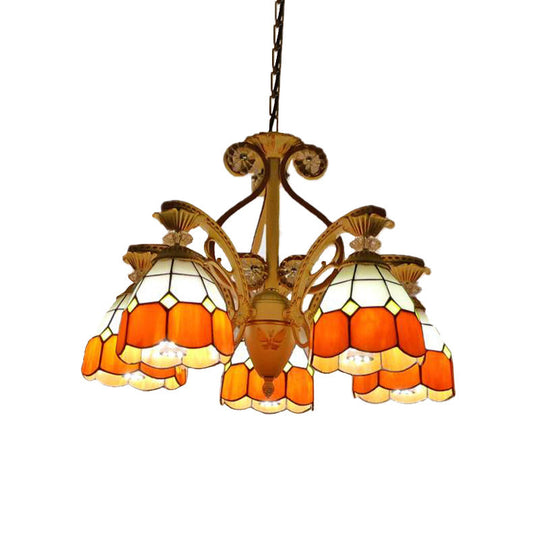 Baroque Grid Cut Glass Pendant Chandelier - 3/5 Lights in Orange/Blue - Curved Arm - 19"/19.5