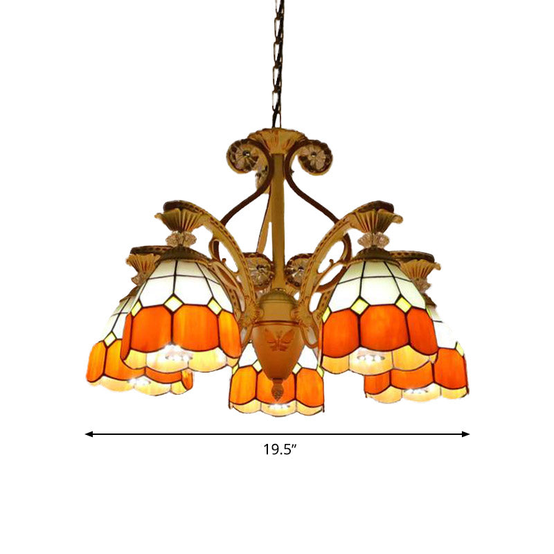 Baroque Grid Cut Glass Pendant Chandelier - 3/5 Lights in Orange/Blue - Curved Arm - 19"/19.5