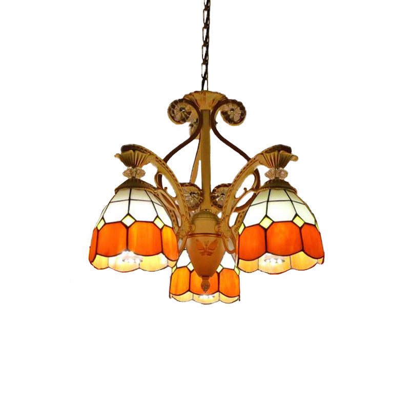 Baroque Grid Cut Glass Pendant Chandelier - 3/5 Lights in Orange/Blue - Curved Arm - 19"/19.5