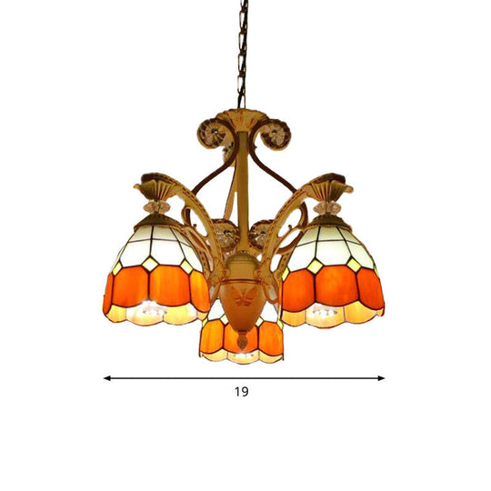 Baroque Grid Cut Glass Pendant Chandelier - 3/5 Lights in Orange/Blue - Curved Arm - 19"/19.5