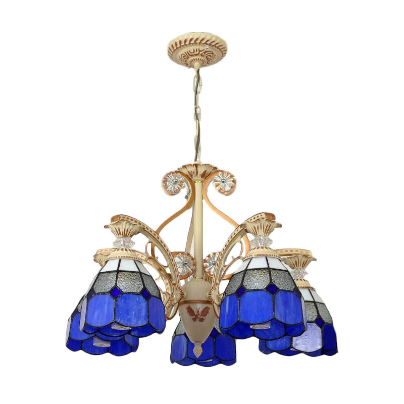 Baroque Grid Cut Glass Pendant Chandelier - 3/5 Lights in Orange/Blue - Curved Arm - 19"/19.5