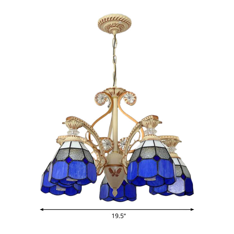 Baroque Grid Cut Glass Pendant Chandelier - 3/5 Lights in Orange/Blue - Curved Arm - 19"/19.5