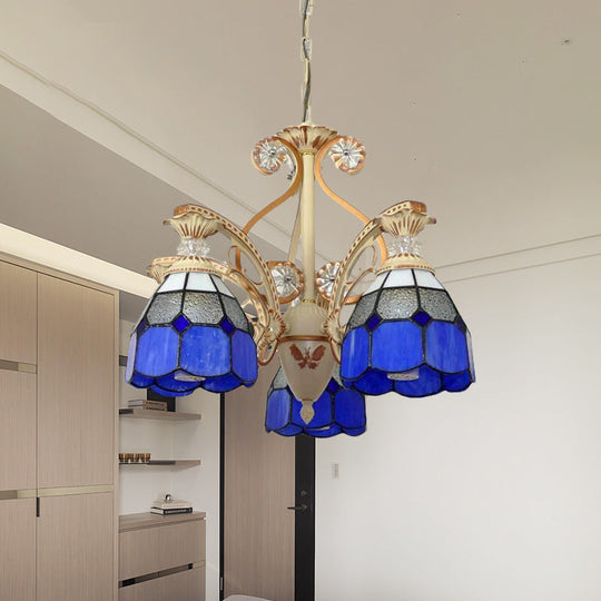 Baroque Grid Cut Glass Pendant Chandelier - 3/5 Lights in Orange/Blue - Curved Arm - 19"/19.5