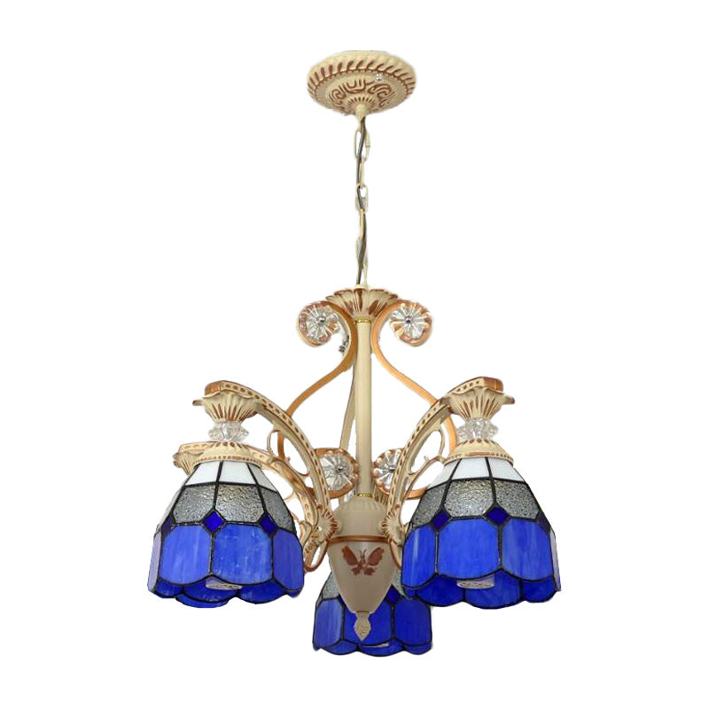 Baroque Grid Cut Glass Pendant Chandelier - 3/5 Lights in Orange/Blue - Curved Arm - 19"/19.5