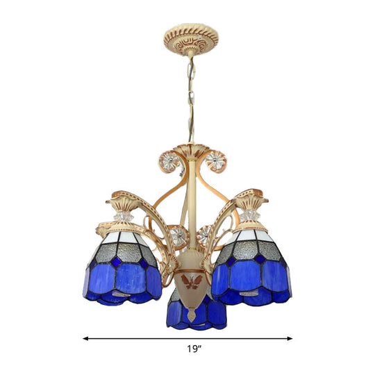 Baroque Grid Cut Glass Pendant Chandelier - 3/5 Lights in Orange/Blue - Curved Arm - 19"/19.5