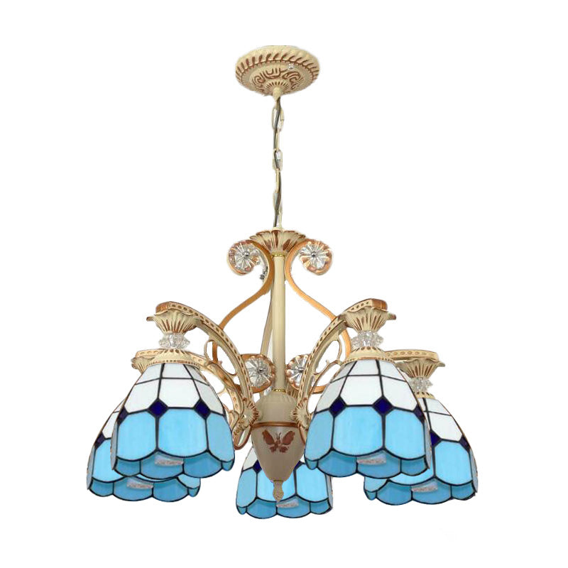 Baroque Grid Cut Glass Pendant Chandelier - 3/5 Lights in Orange/Blue - Curved Arm - 19"/19.5