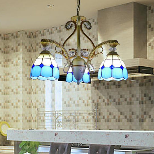 Baroque Grid Cut Glass Pendant Chandelier - 3/5 Lights in Orange/Blue - Curved Arm - 19"/19.5