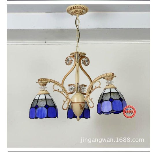 19/19.5 Orange/Blue Cut Glass Pendant Chandelier Dome - Baroque Grid Patterned Ceiling Lamp Dark