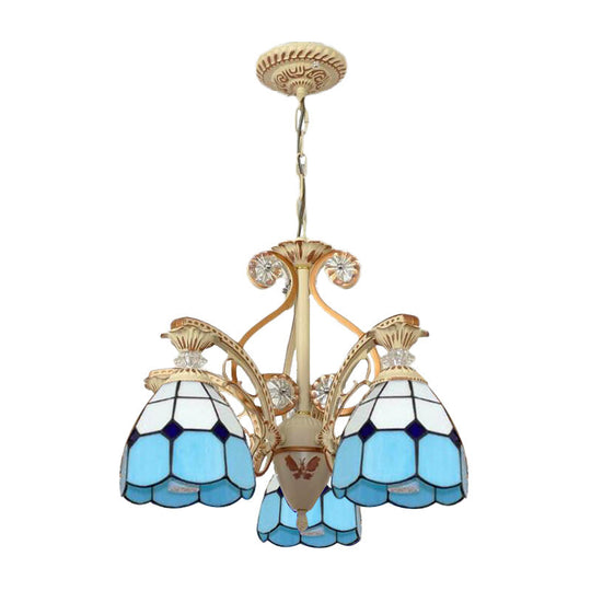 Baroque Grid Cut Glass Pendant Chandelier - 3/5 Lights in Orange/Blue - Curved Arm - 19"/19.5