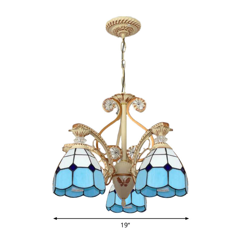 Baroque Grid Cut Glass Pendant Chandelier - 3/5 Lights in Orange/Blue - Curved Arm - 19"/19.5