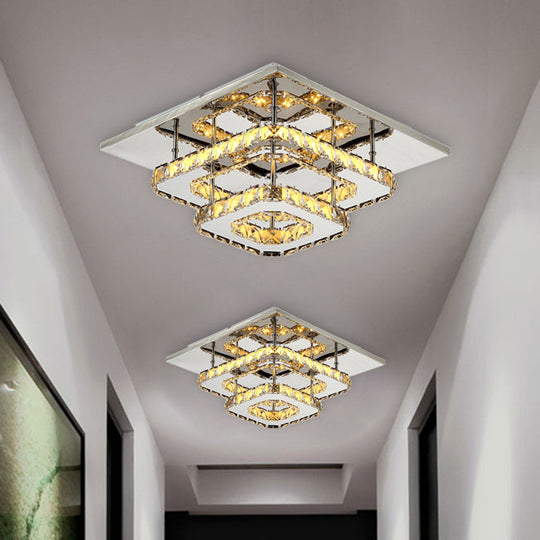 Modern Amber Crystal Block Ceiling Light - Square Layered Flush Mount In Chrome