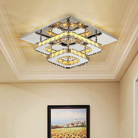 Modern Amber Crystal Block Ceiling Light - Square Layered Flush Mount In Chrome