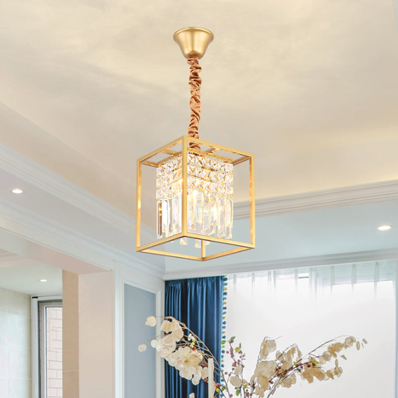 Crystal Cube Metal Cage Pendant Light For Dining Room Ceiling