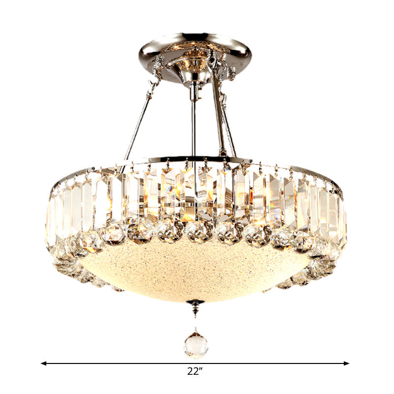 Cylinder Chrome Crystal Pendant Light With Frosted Glass Panel And Drop Accent