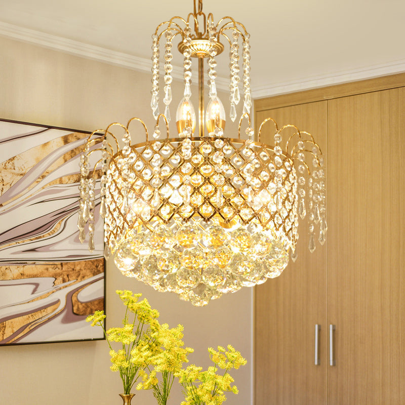 Gold Metal Shade Chandelier With Crystal Balls And Strands Elegant Drum Pendant