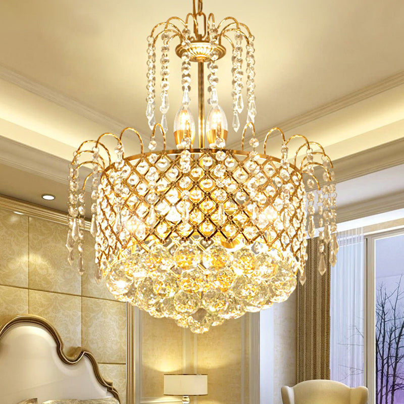 Gold Metal Shade Chandelier With Crystal Balls And Strands Elegant Drum Pendant