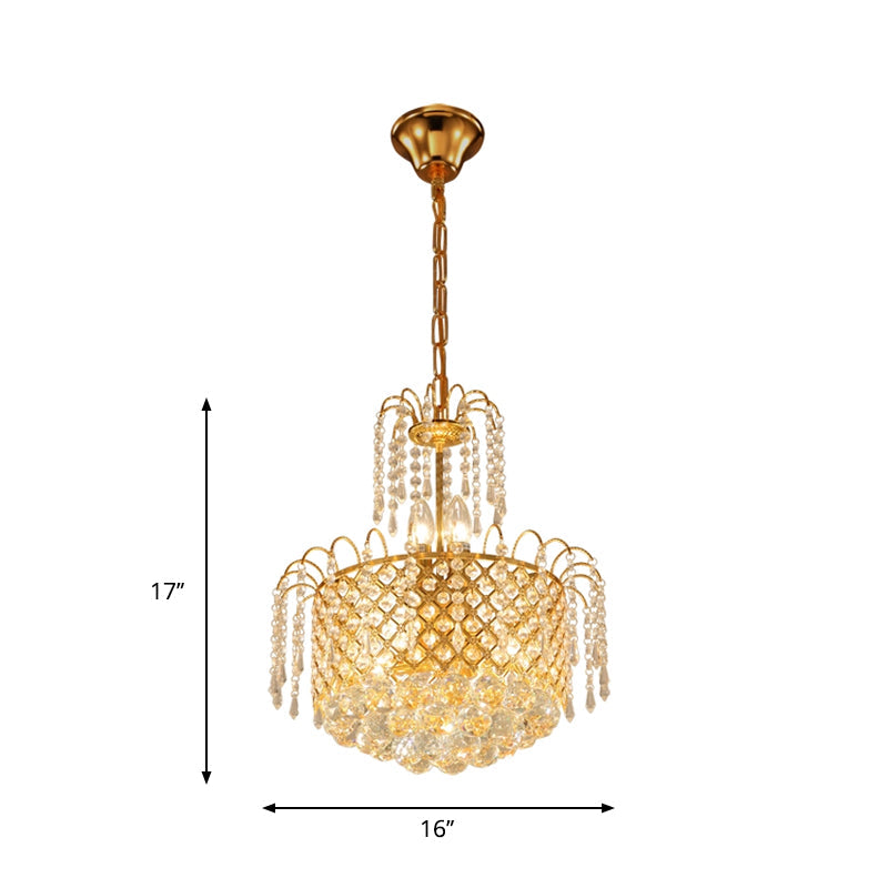 Gold Metal Shade Chandelier With Crystal Balls And Strands Elegant Drum Pendant