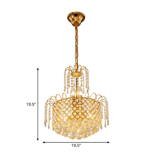 Gold Metal Shade Chandelier With Crystal Balls And Strands Elegant Drum Pendant