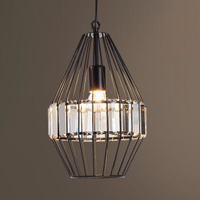 Black Geometric Metal Cage Pendant Light with Crystal Block