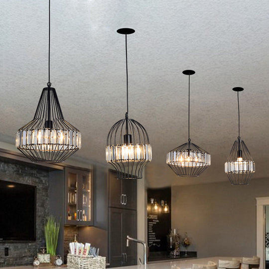 Black Metal Cage Crystal Block Pendant Ceiling Light With Geometric Design