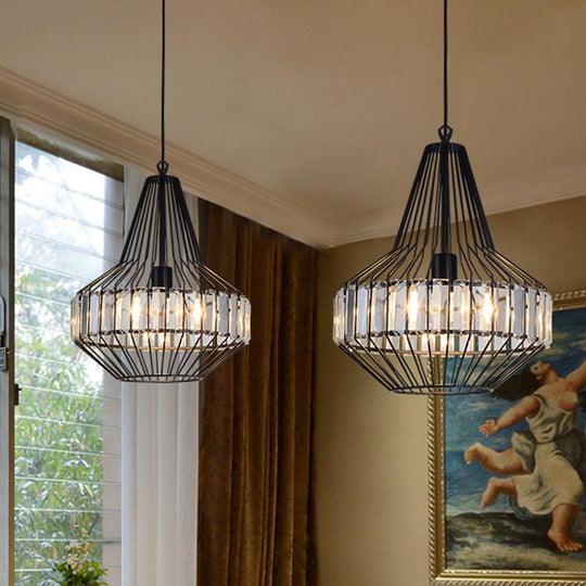 Black Geometric Metal Cage Pendant Light with Crystal Block