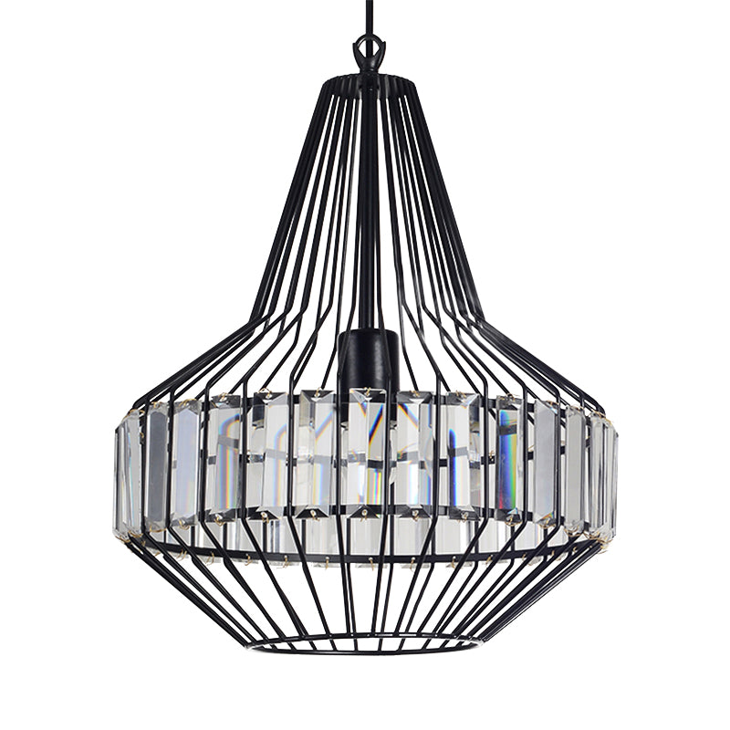 Black Geometric Metal Cage Pendant Light with Crystal Block