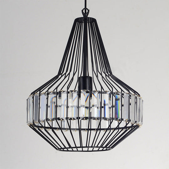 Black Geometric Metal Cage Pendant Light with Crystal Block