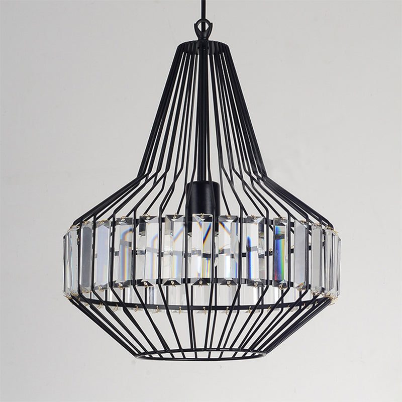 Black Metal Cage Crystal Block Pendant Ceiling Light With Geometric Design