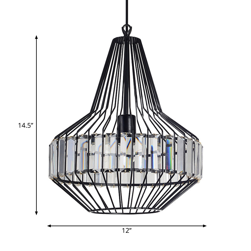 Black Geometric Metal Cage Pendant Light with Crystal Block