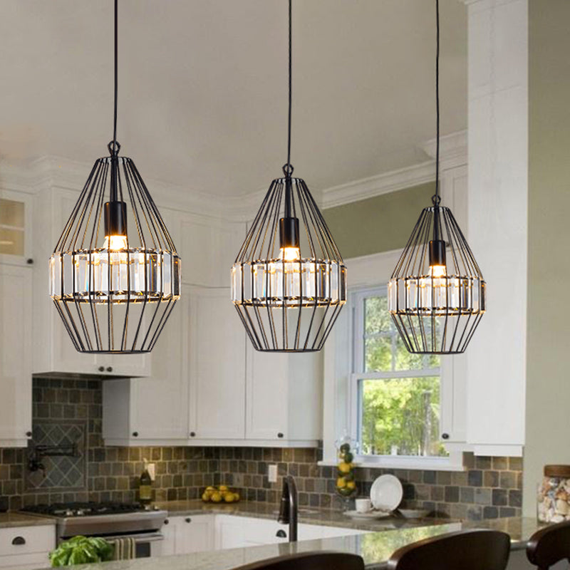 Black Geometric Metal Cage Pendant Light with Crystal Block