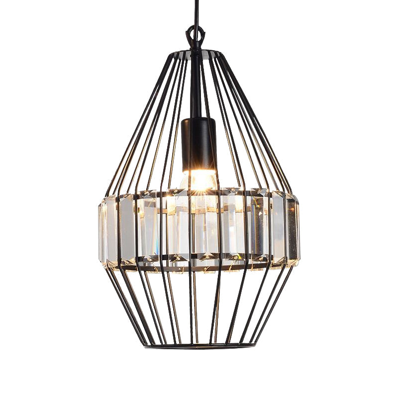 Black Geometric Metal Cage Pendant Light with Crystal Block