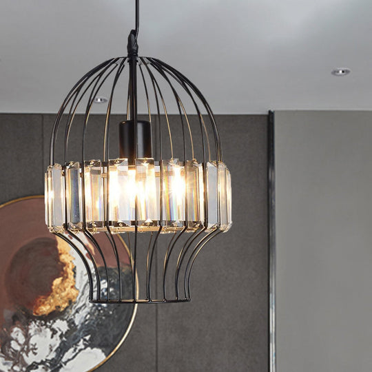 Black Metal Cage Crystal Block Pendant Ceiling Light With Geometric Design