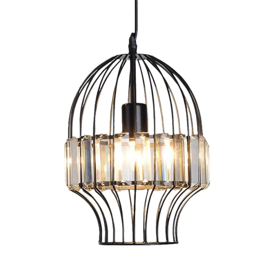 Black Geometric Metal Cage Pendant Light with Crystal Block