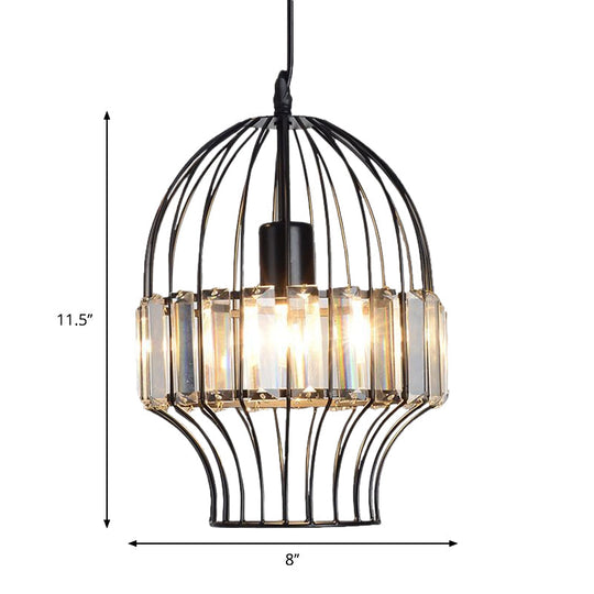 Black Geometric Metal Cage Pendant Light with Crystal Block