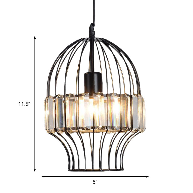 Black Metal Cage Crystal Block Pendant Ceiling Light With Geometric Design