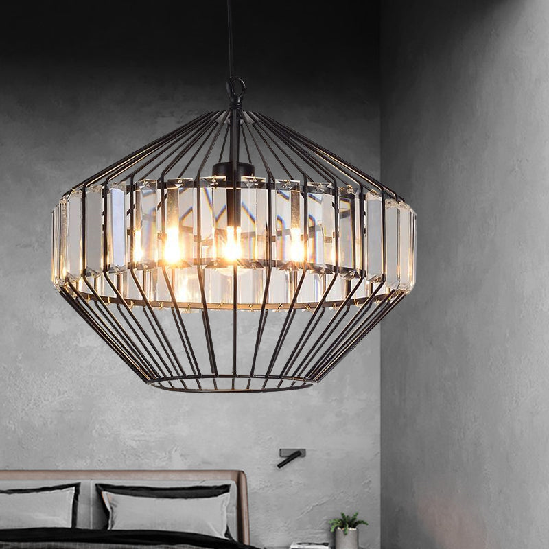 Black Geometric Metal Cage Pendant Light with Crystal Block