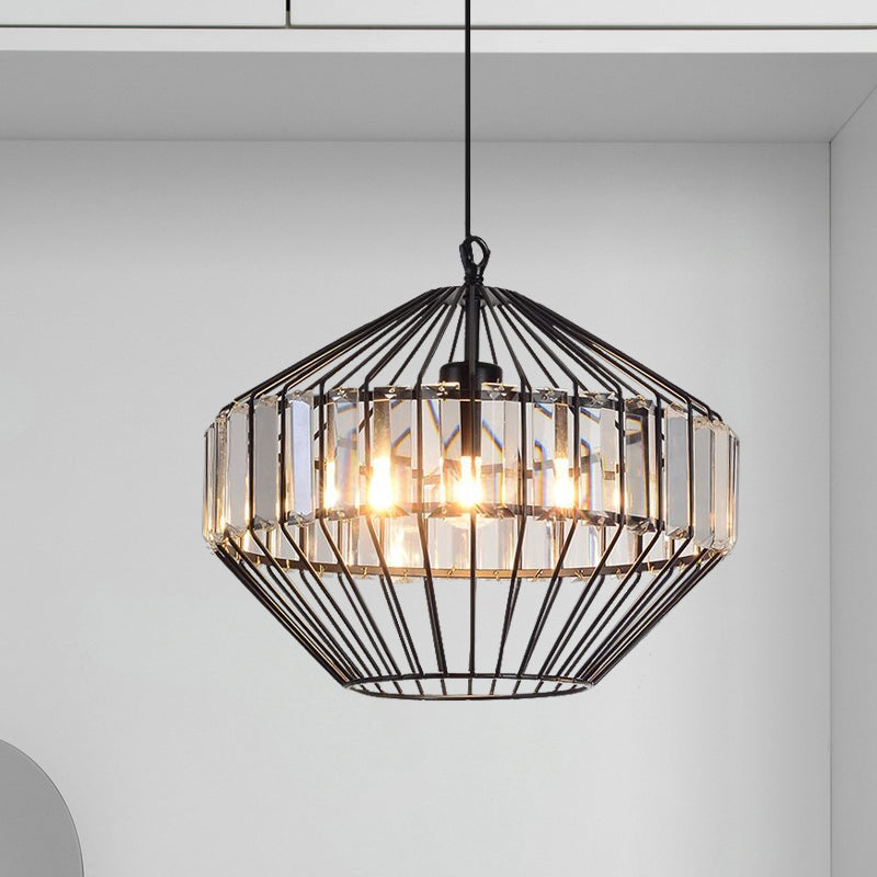 Black Geometric Metal Cage Pendant Light with Crystal Block