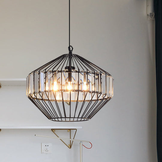 Black Geometric Metal Cage Pendant Light with Crystal Block