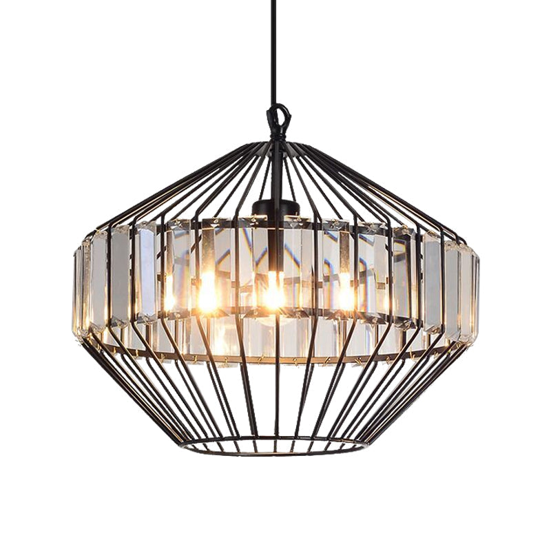 Black Geometric Metal Cage Pendant Light with Crystal Block