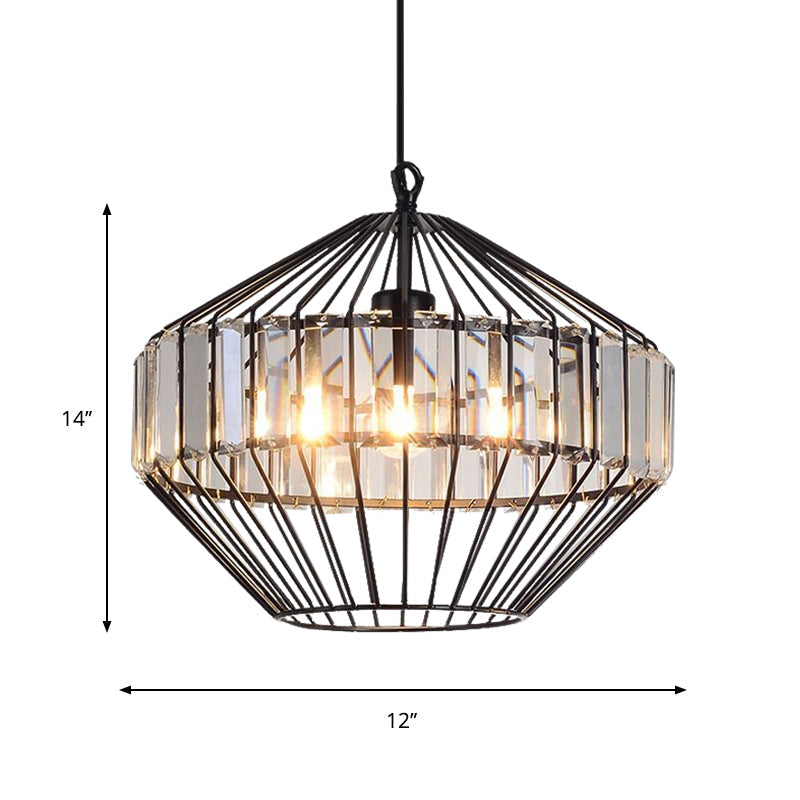 Black Geometric Metal Cage Pendant Light with Crystal Block