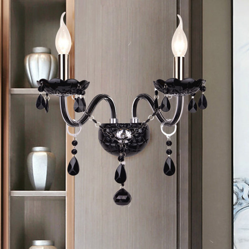 Black Crystal Wall Sconce With Elegant Candle-Style Arm