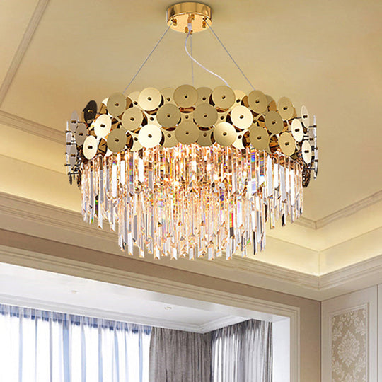 Glam Gold Metal Chandelier With Tier Crystal Rods And Drum Shade Ceiling Light