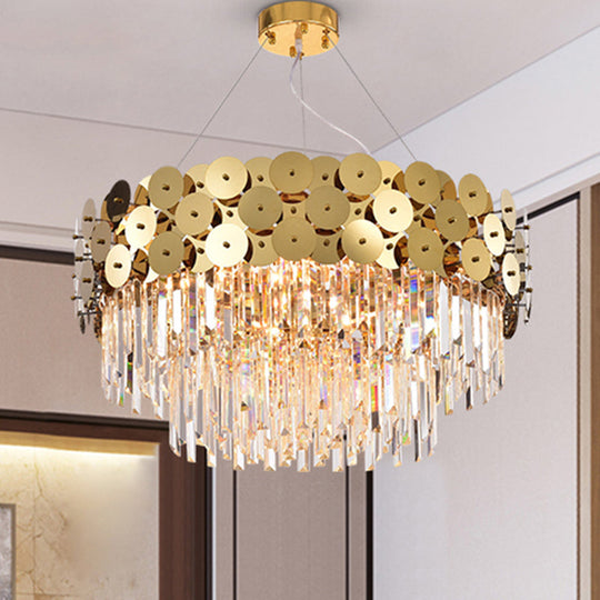 Glam Gold Metal Chandelier With Tier Crystal Rods And Drum Shade Ceiling Light 8 /