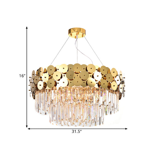 Glam Gold Metal Chandelier With Tier Crystal Rods And Drum Shade Ceiling Light