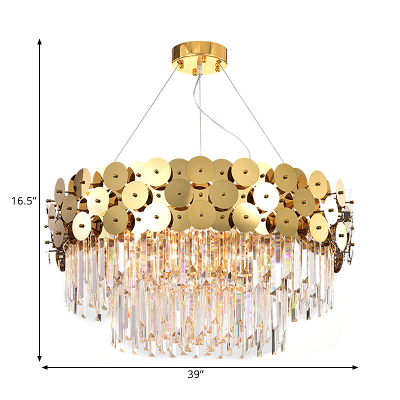 Glam Gold Metal Chandelier With Tier Crystal Rods And Drum Shade Ceiling Light