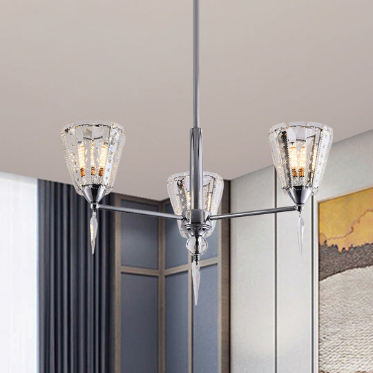 Clear Crystal Cone Shade Chandelier With Straight Metal Arms In Chrome