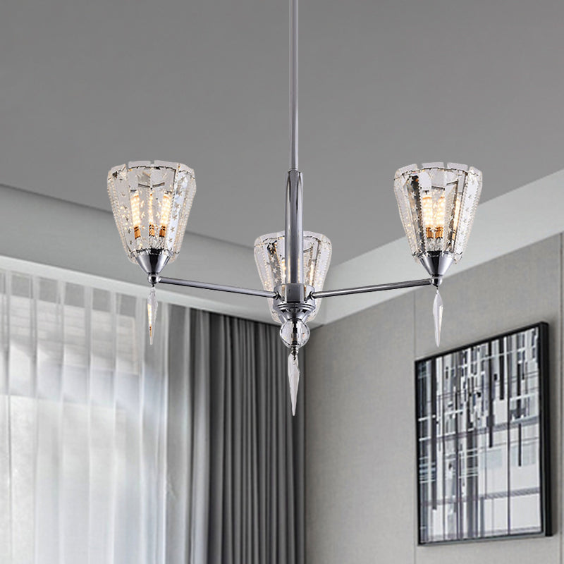 Clear Crystal Cone Shade Chandelier With Straight Metal Arms In Chrome