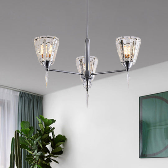 Clear Crystal Cone Shade Chandelier With Straight Metal Arms In Chrome