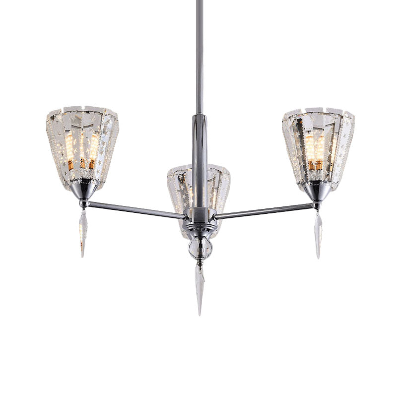 Clear Crystal Cone Shade Chandelier With Straight Metal Arms In Chrome