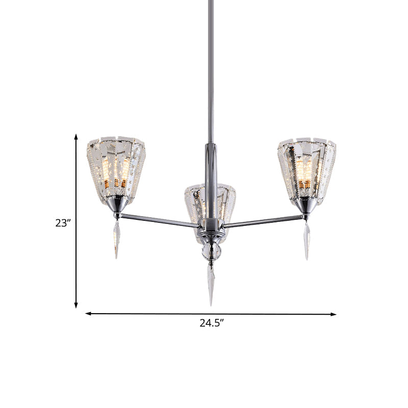 Clear Crystal Cone Shade Chandelier With Straight Metal Arms In Chrome